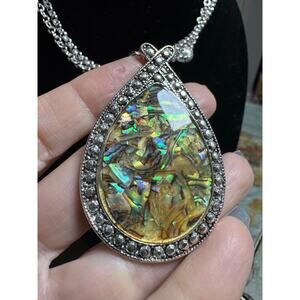 Iridescent Abalone Teardrop Statement Necklace • Silver Tone Boutique Pendant